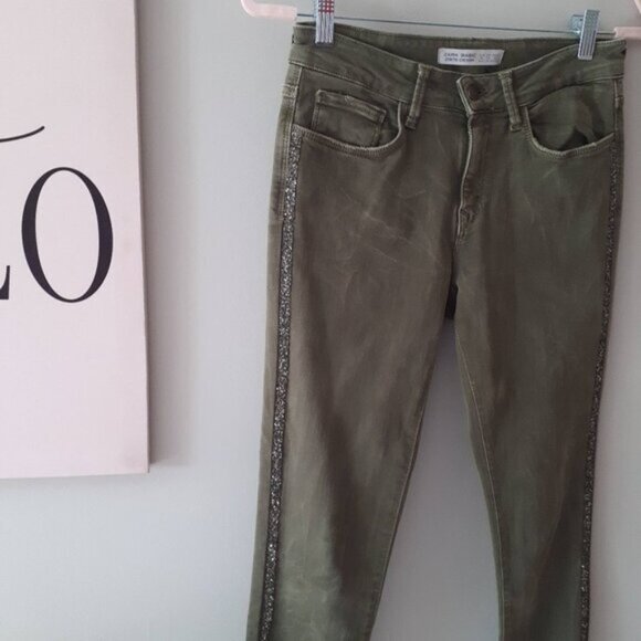 EUC Zara olive khaki skinny cropped ankle washed look sparkle side stripe jeans - Picture 8 of 13